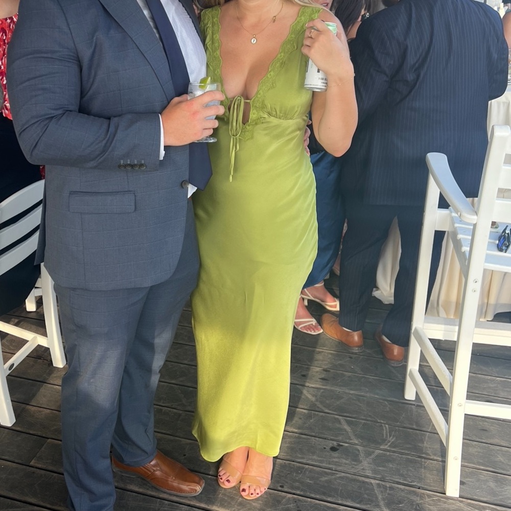Olive Green Maxi Slip Dress with Lace Trim